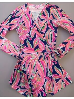 Lilly Pulitzer Romper Women's L Banana Flambé Tiki Faux Wrap Beachy Tropical